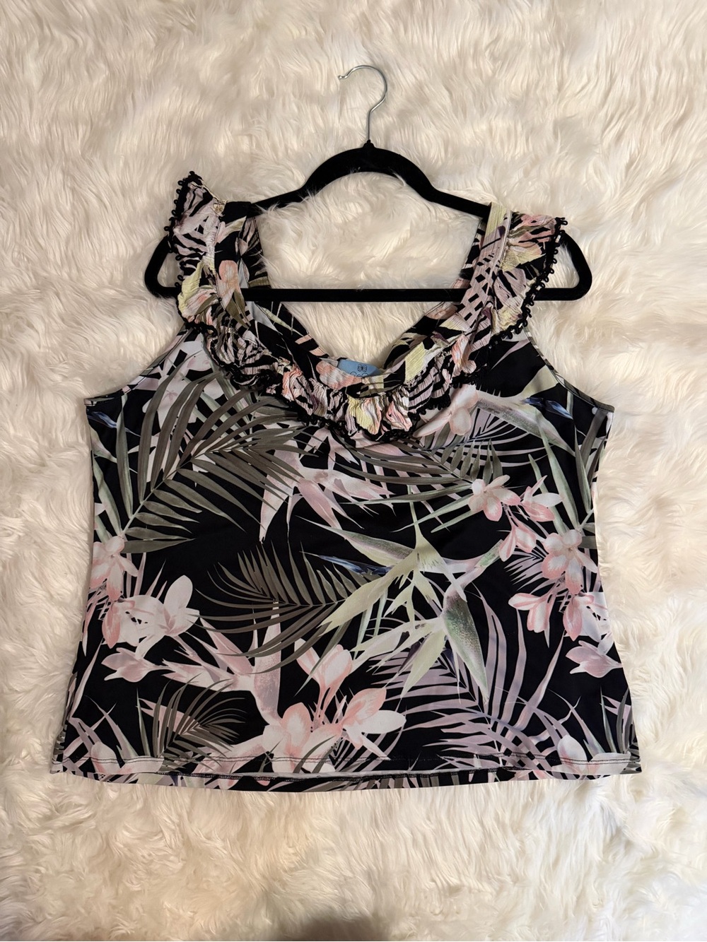 CeCe Black Floral Ruffle Cami with Pink & Green Leaves